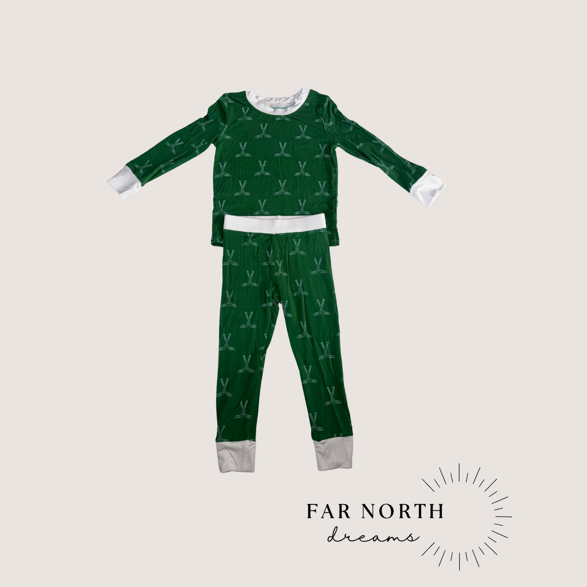 Green + White Hockey Long Sleeve Pajamas