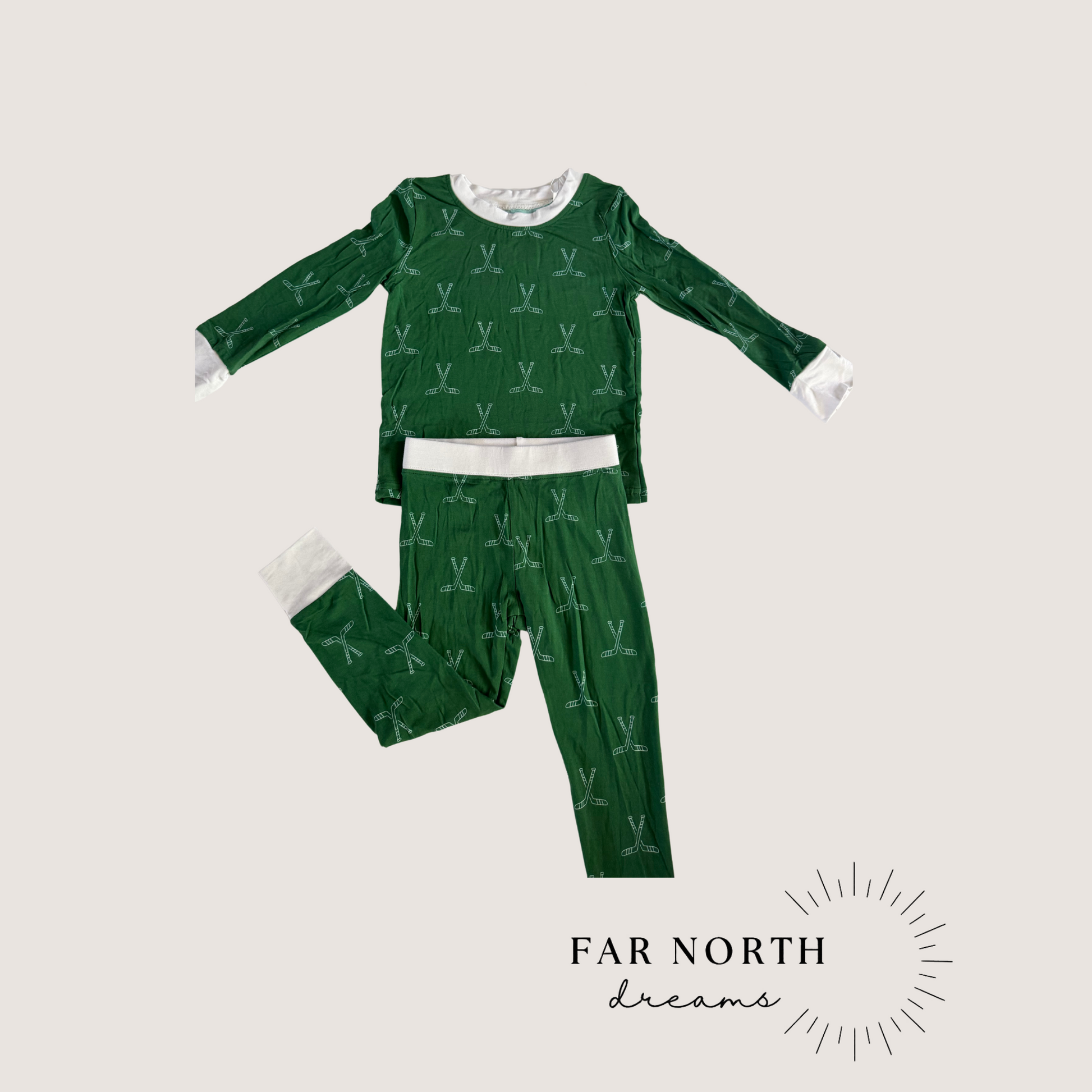 Green + White Hockey Long Sleeve Pajamas